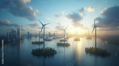 Wind turbines on small islands in front of a big city