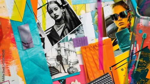 A students colorful mood board filled with photos and fabric swatches of avantgarde and futuristic designs hinting at their interest in pushing the boundaries of traditional
