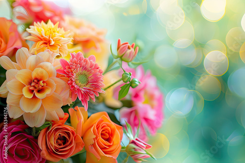 A close-up shot of a bouquet of vibrant flowers, arranged in a beautiful arrangement, with soft focus and bokeh effects adding to the romantic atmosphere.