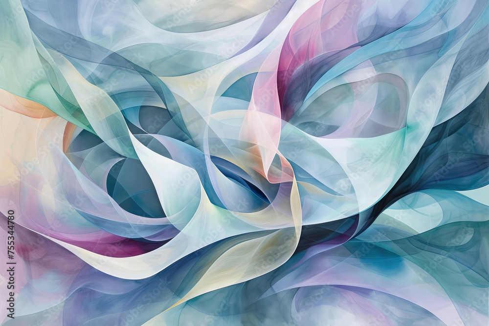 An abstract composition featuring flowing lines and curves in soft, pastel colors, reminiscent of watercolor brushstrokes or the graceful movements of dance, - obrazy, fototapety, plakaty 