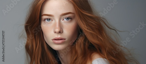 A close-up shot of an attractive Caucasian woman with long red hair, looking directly at the camera. Her beauty portrait showcases her perfect clean skin and subtle freckles against a gray studio