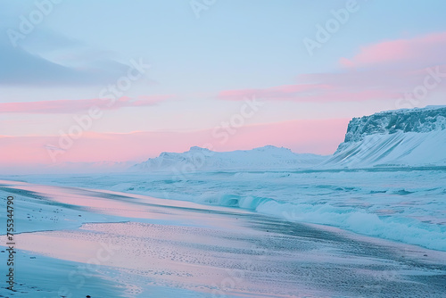 A tranquil serene beach at sunset, with gentle waves lapping against the shore and pastel hues painting the sky in soft shades of pink and blue. photo