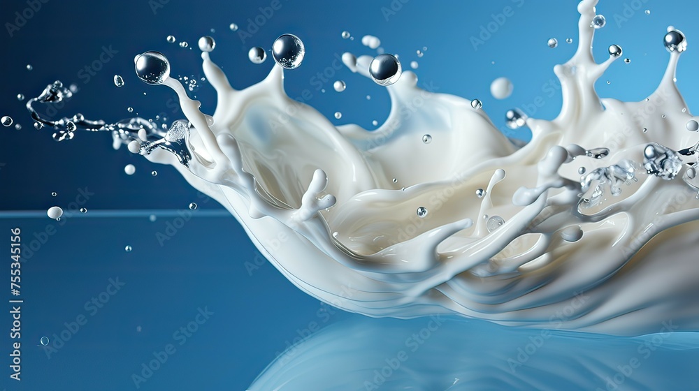 Splashing milk isolated on blue background. 3d rendering mock up - obrazy, fototapety, plakaty 