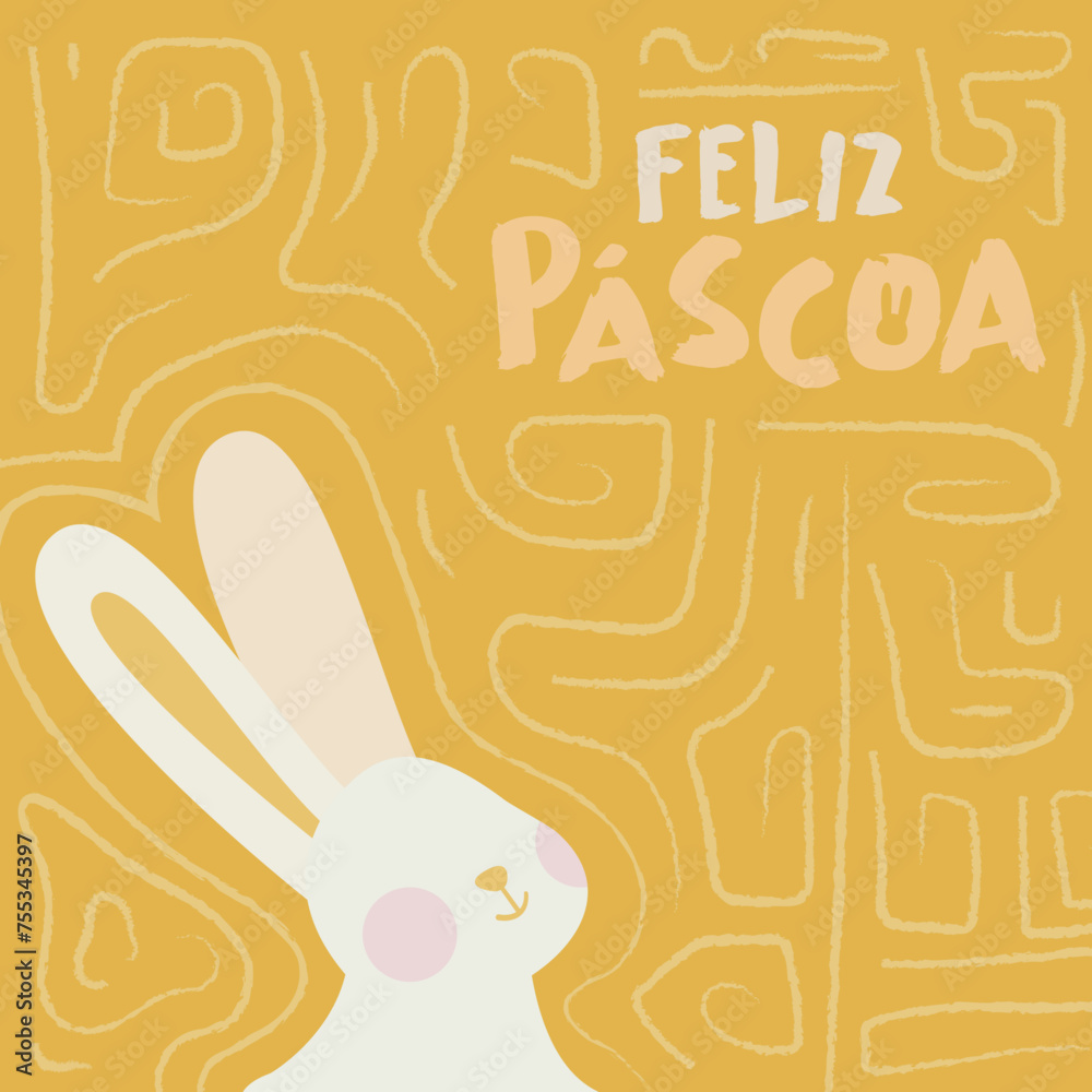 Poster de Feliz Páscoa. Coelho fofinho num plano de fundo amarelo para celebração do feriado de Páscoa.