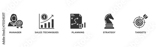 Sales management banner web icon illustration concept with icon of manager, sales techniques, planning, strategy, and targets