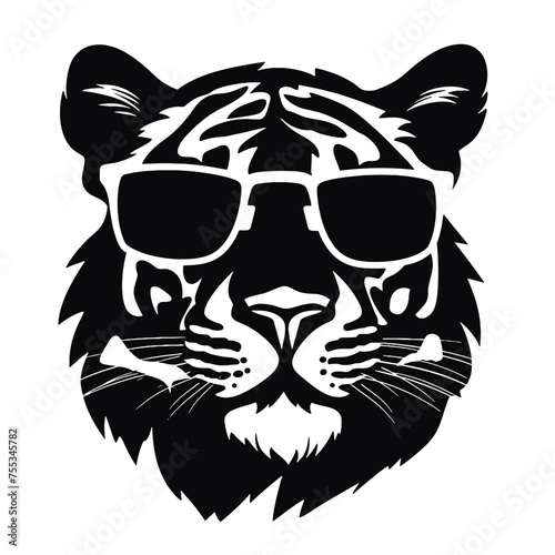 tiger head wearing sunglasses  vintage logo line art concept black and white color  hand drawn illustration  