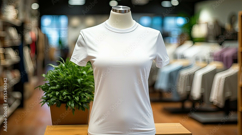 Clothing store mannequin with white t-shirt on display
