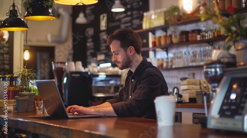 Entrepreneur working on a laptop in a coffee shop