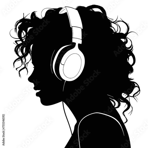 The girl listens to music on headphones . Profile of a young   woman. Musician avatar side view. Vector flat illustration