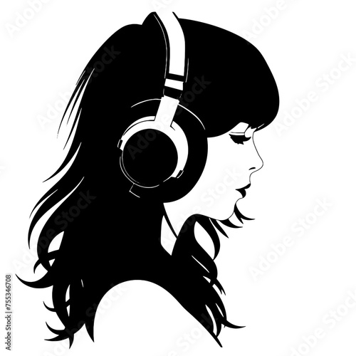The girl listens to music on headphones . Profile of a young   woman. Musician avatar side view. Vector flat illustration