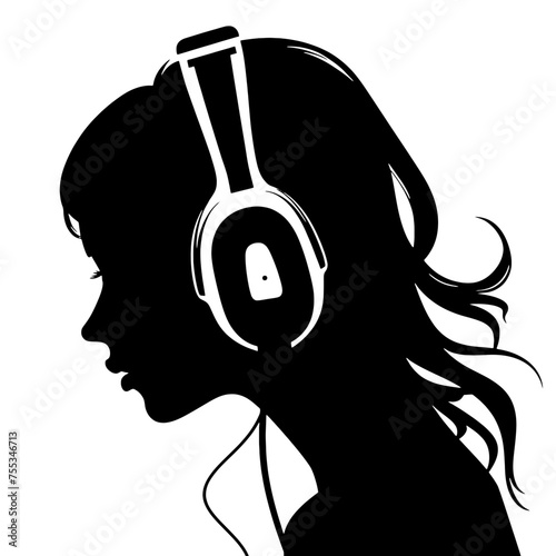 The girl listens to music on headphones . Profile of a young   woman. Musician avatar side view. Vector flat illustration