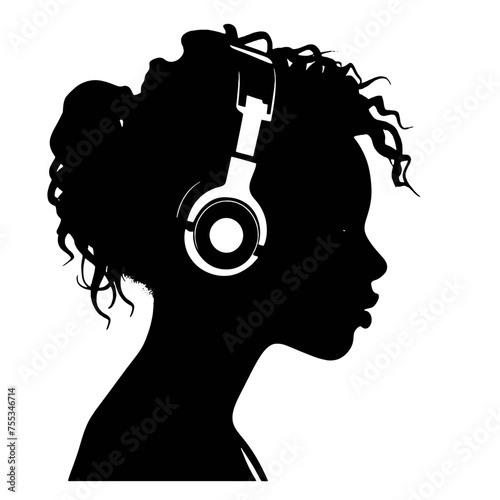 The girl listens to music on headphones . Profile of a young   woman. Musician avatar side view. Vector flat illustration