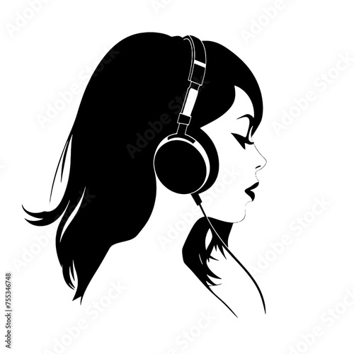 The girl listens to music on headphones . Profile of a young   woman. Musician avatar side view. Vector flat illustration