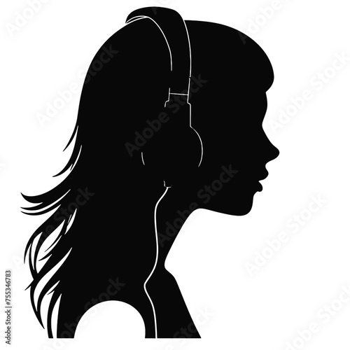 The girl listens to music on headphones . Profile of a young   woman. Musician avatar side view. Vector flat illustration