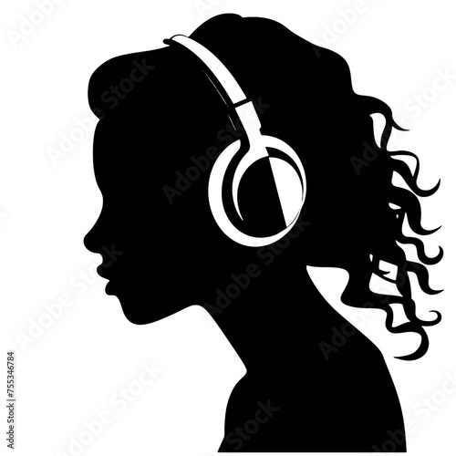 The girl listens to music on headphones . Profile of a young   woman. Musician avatar side view. Vector flat illustration