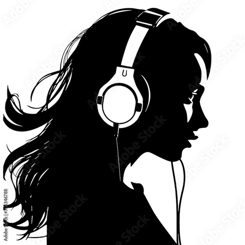 The girl listens to music on headphones . Profile of a young   woman. Musician avatar side view. Vector flat illustration