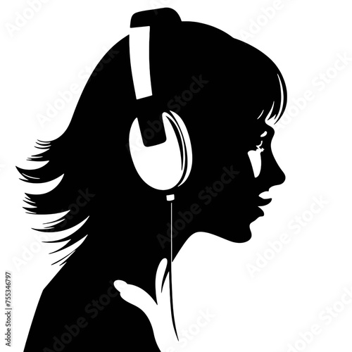 The girl listens to music on headphones . Profile of a young   woman. Musician avatar side view. Vector flat illustration