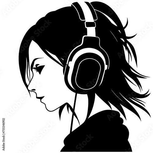 The girl listens to music on headphones . Profile of a young   woman. Musician avatar side view. Vector flat illustration