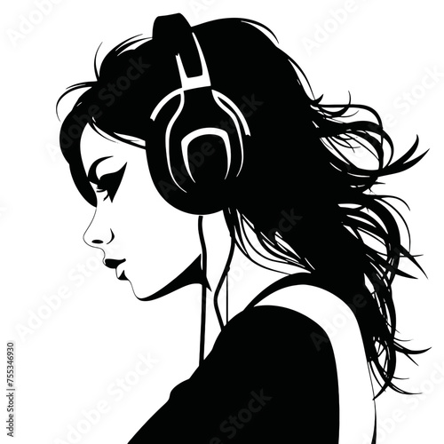 The girl listens to music on headphones . Profile of a young   woman. Musician avatar side view. Vector flat illustration