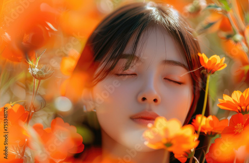 Portrait of a beautiful young Asian woman with closed eyes in a flowers field  with beautiful face skin  lit by orange colored light  with sun rays and dew drops on her skin
