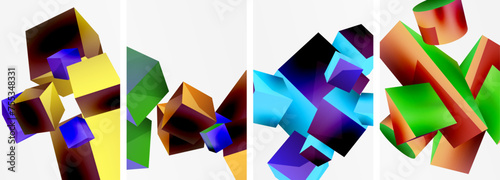 Flying 3d shapes, cubes and other geometric elements background design for wallpaper, business card, cover, poster, banner, brochure, header, website