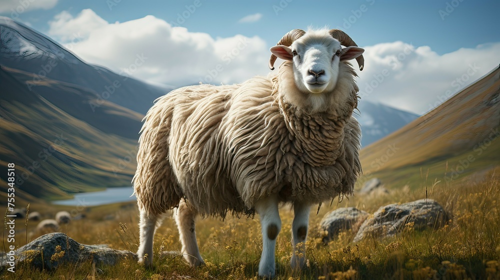 Fototapeta premium Sheep in the mountains, green meadows
