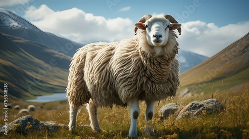 Sheep in the mountains, green meadows