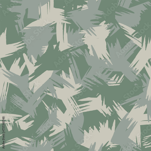 Fashion urban camouflage, modern design. Hand drawn camo with brush strokes. Grunge wing pattern. Green and black background. Textile printing. Vector seamless abstract texture