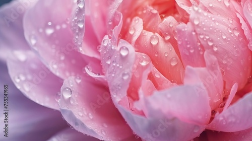 Close up of beautiful pink peony flower with water drops on petals