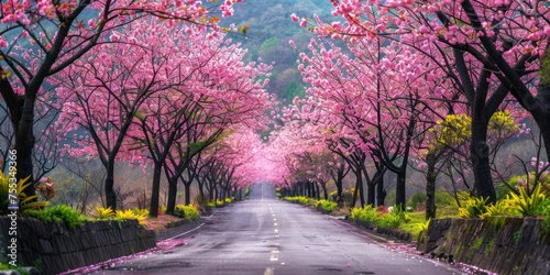 A beautiful sight of cherry blossoms fluttering, a road full of cherry blossom trees