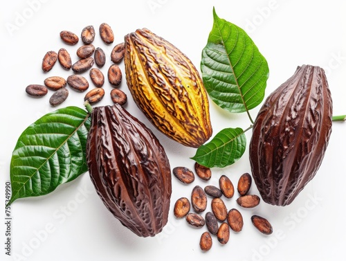Rich cocoa pods and beans with vibrant leaves on white.