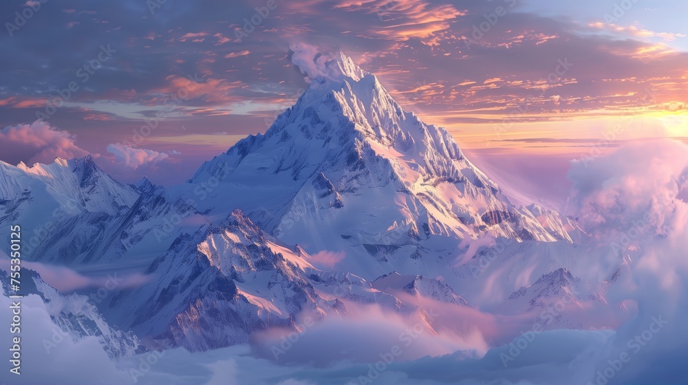 Mountain peak blanketed in snow at dawn