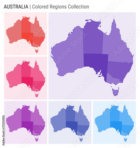 Australia map collection. Country shape with colored regions. Deep Purple, Red, Pink, Purple, Indigo, Blue color palettes. Border of Australia with provinces for your infographic. Vector illustration.