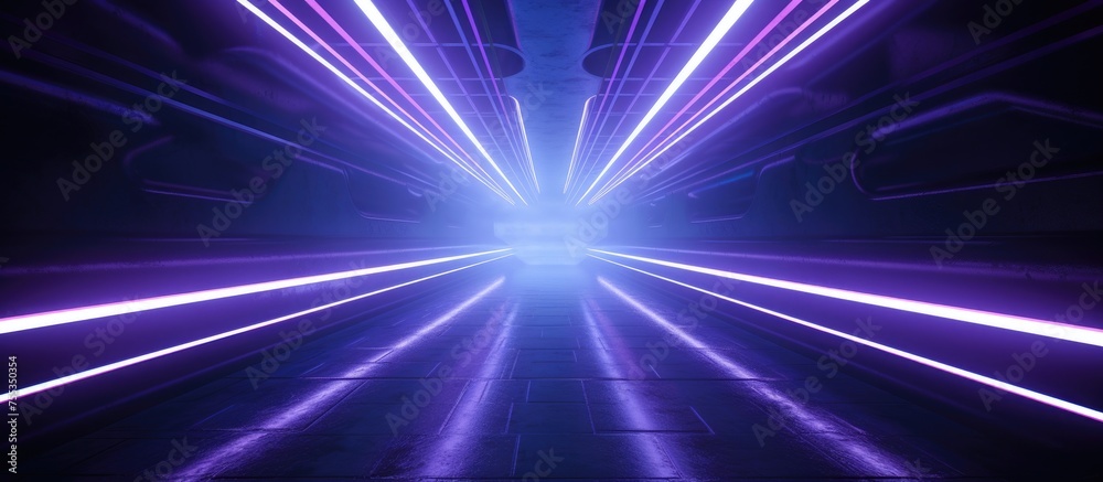 Obraz premium A futuristic tunnel illuminated by vibrant purple lights, creating a neon glow along the reflective concrete walls of the underground corridor.