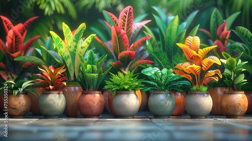 Potted plants, flowers, grass, 3D icons on a light background.