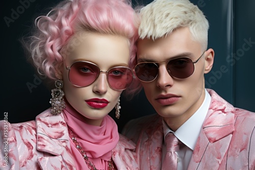 Elegant man and woman in stylish pink outfits posing for glamor shot