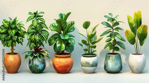 Potted plants, flowers, grass, 3D icons on a light background.