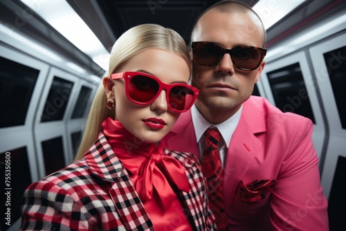 Stylish couple in red posing with attitude in a futuristic setting