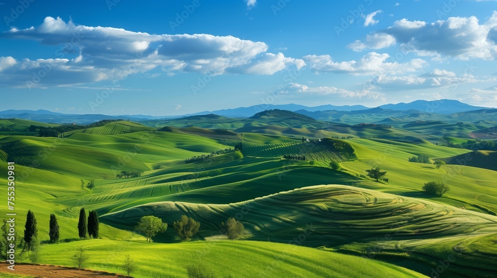 Rolling hills of farmland stretch under a vast blue sky. Rolling hills of farmland stretch under a vast blue sky.