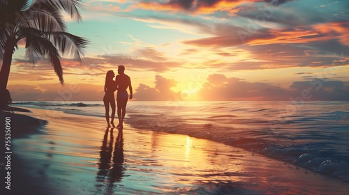 Romantic couple enjoys sunset on a tropical beach.