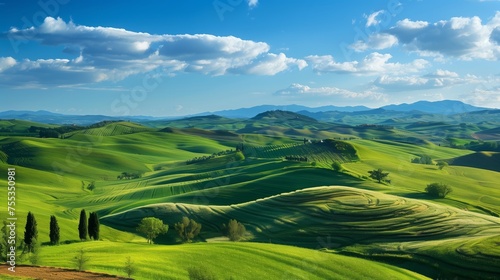 Rolling hills of farmland stretch under a vast blue sky.