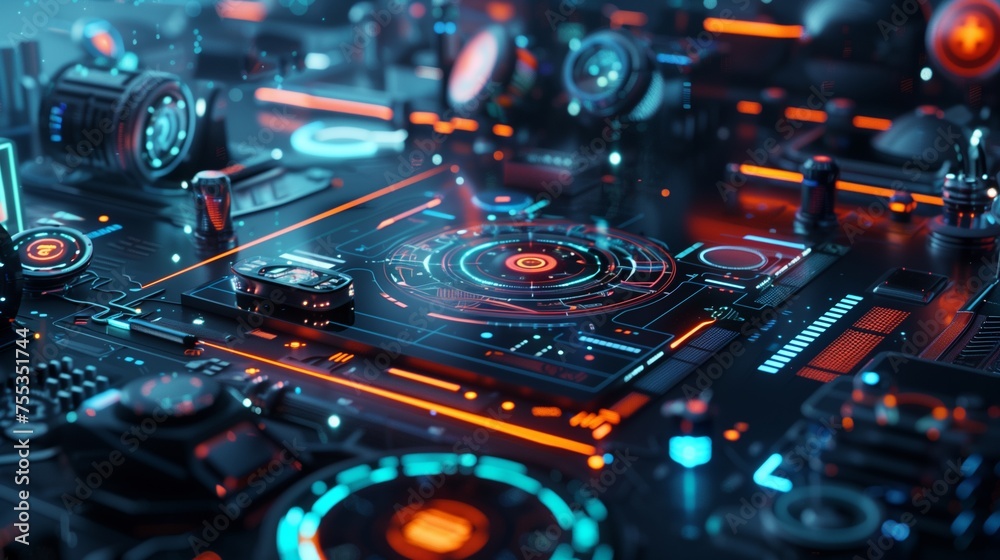 Technological innovation concept featuring futuristic gadgets. Technological innovation concept featuring futuristic gadgets.