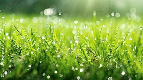Green grass with dew drops. Nature background