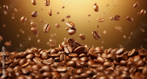 Coffee beans falling and splashing. Coffee beans background.