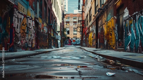 Urban alley adorned with graffiti art photo