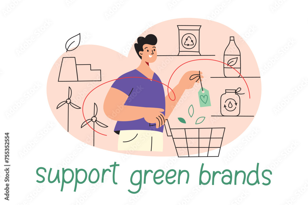 Obraz premium Sustainable food composition, eco products icons, vector illustration of man character in supermarket, buying eco friendly grocery, support green production, poster with lettering, ecology concept