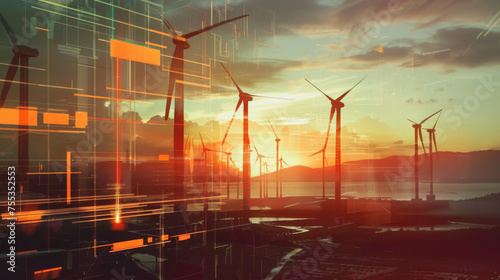 Digital illustration showing one of the renewable energy leaders, windmills, in a futuristic way