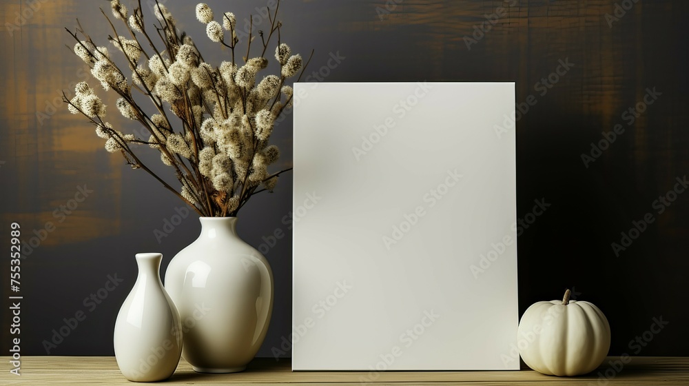 A blank white paper sheet and a vase with willow on a wooden the table A blank white paper sheet and a vase with willow on a wooden the table