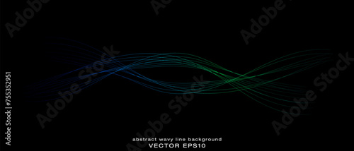 Abstract wavy dynamic blue green violet light lines curve banner on black background in concept technology, neural network, neurology, science, music, neon light. photo