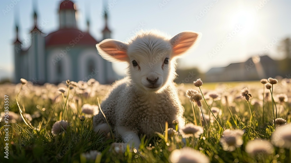 Fototapeta premium Sheep in the meadow in front of a church in the mountains